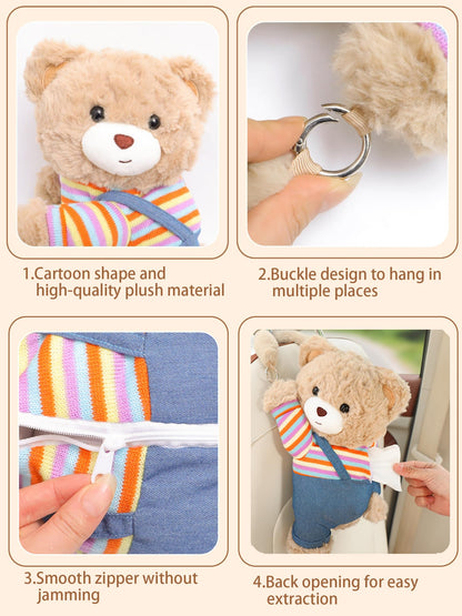 VimoDemo Cute Car Tissue Holder Accessories Animal Teddy Bear Funny Plushie Plush Hanging Tissue Cover Box in Car Decorative Tissue Storage for Home Bathroom Bedroom Office