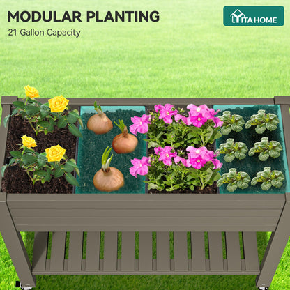 YITAHOME 3.6x1.5x2.8 FT Elevated Garden Bed Kit with Legs and Wheels, Outdoor Large Resin Planter Box Stand with Drain Plug and Storage Shelf for Plants Vegetables Fruits, Light Brown