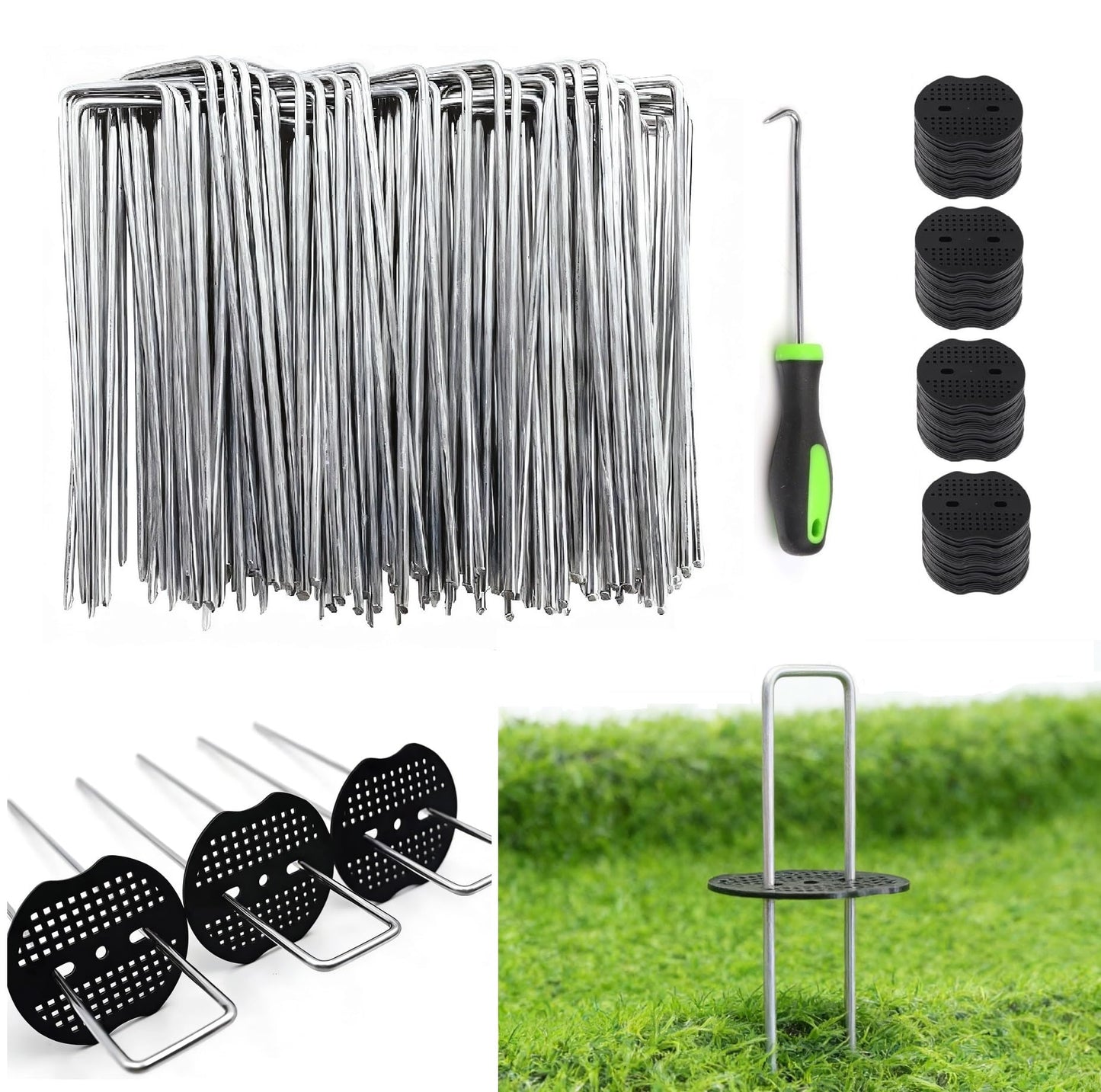 10 Inch 200 PCS Galvanized Landscape Staples with 200 PCS Gasket, Landscape Fabric Pins Stakes Lawn Ground Cover Graden Staples Spikes Weed Barrier Stakes