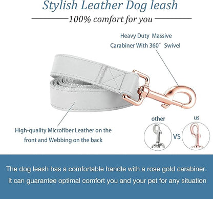 Dog Collar and Leash Set.Soft and Easy to Clean Vegan Leather with Rose Gold Metal Buckle for Small Medium Large Dogs (Grey, L(15.4”-24.8“)