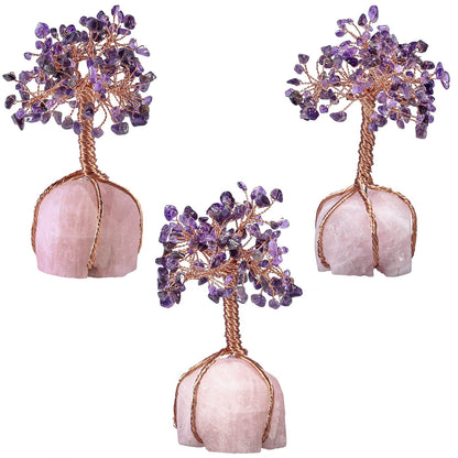 Cheungshing Crystal Copper Tree Wrapped with Raw Rose Quartz Base, Bonsai Tree for Home Office Living-Room Decor, Amethyst