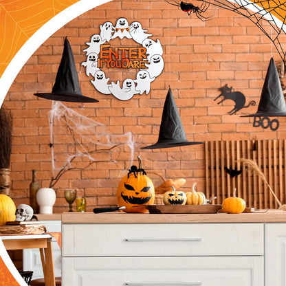 MorningRo Metal Ghost Wreaths for Front Door Halloween Hanging Wreaths Halloween Boo Enter If You Dare Hanging Welcome Sign for Porch Wall Home Outdoor, 13 Inch