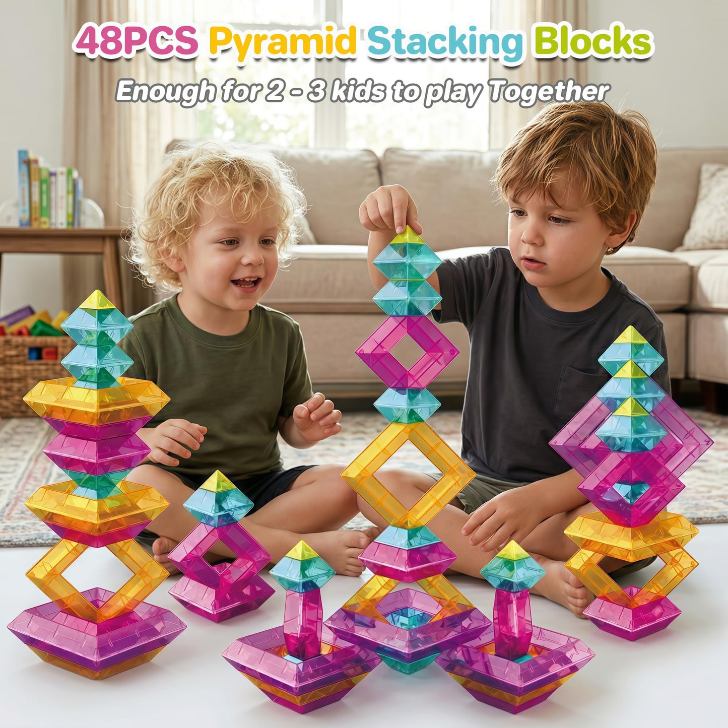 48 PCS Sensory Stacking Blocks, Light Table Compatible Building Blocks, STEM Educational Learning Resources for Toddlers Boys Girls Ages 3+