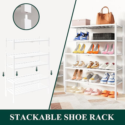 Smiry Bamboo Shoe Rack, 4 Tier Free Standing Wooden Shoe Organizer, Stackable Wood Shoe Storage Shelf for Closet, Entryway, 14 Vertical Slats, 2+2 Stack Heavy-Duty Legs, 26.8"x11"x26", White