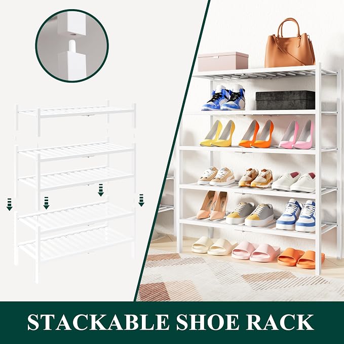 Smiry Bamboo Shoe Rack, 2 Tier Free Standing Wooden Shoe Organizer, Stackable Wood Shoe Storage Shelf for Closet, Entryway, 14 Vertical Slats, One-piece Heavy-Duty Legs, 26.8"x11"x13", White