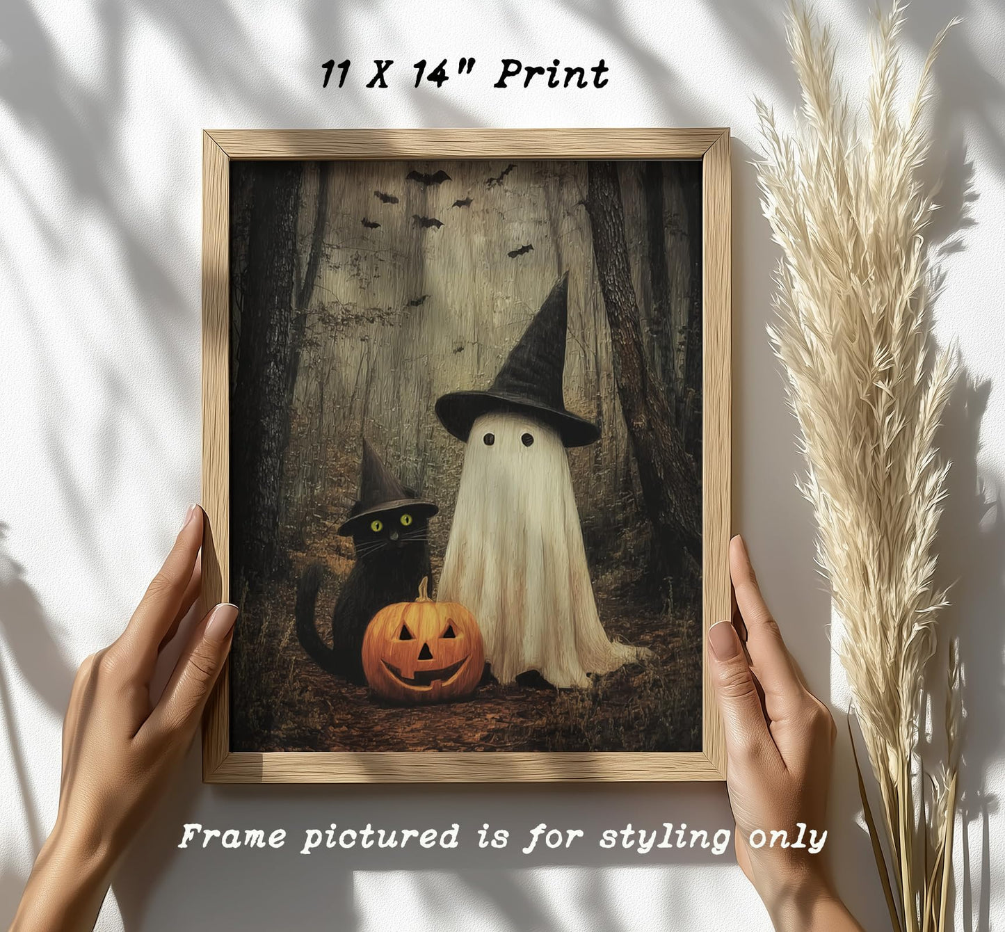Japrex Ghost and Black Cat in Forest Wall Art Print, Spooky Halloween Art, Whimsigoth Wall Decor, Dark Academia Print, Farmhouse Halloween Decor, Fall Season Art (11 x 14 inch)
