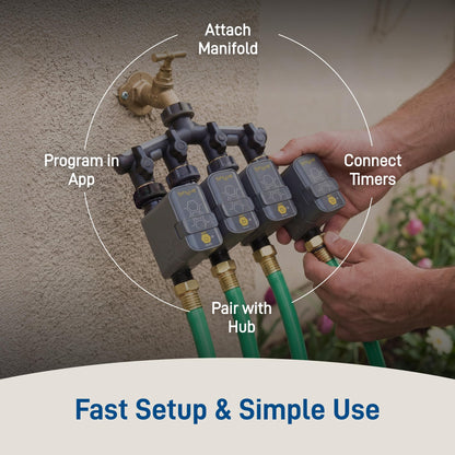 Orbit 21207 B-hyve Gen 2 Smart Hose Watering Timer, 4-Pack with Wi-Fi Hub and Hose Y Splitter