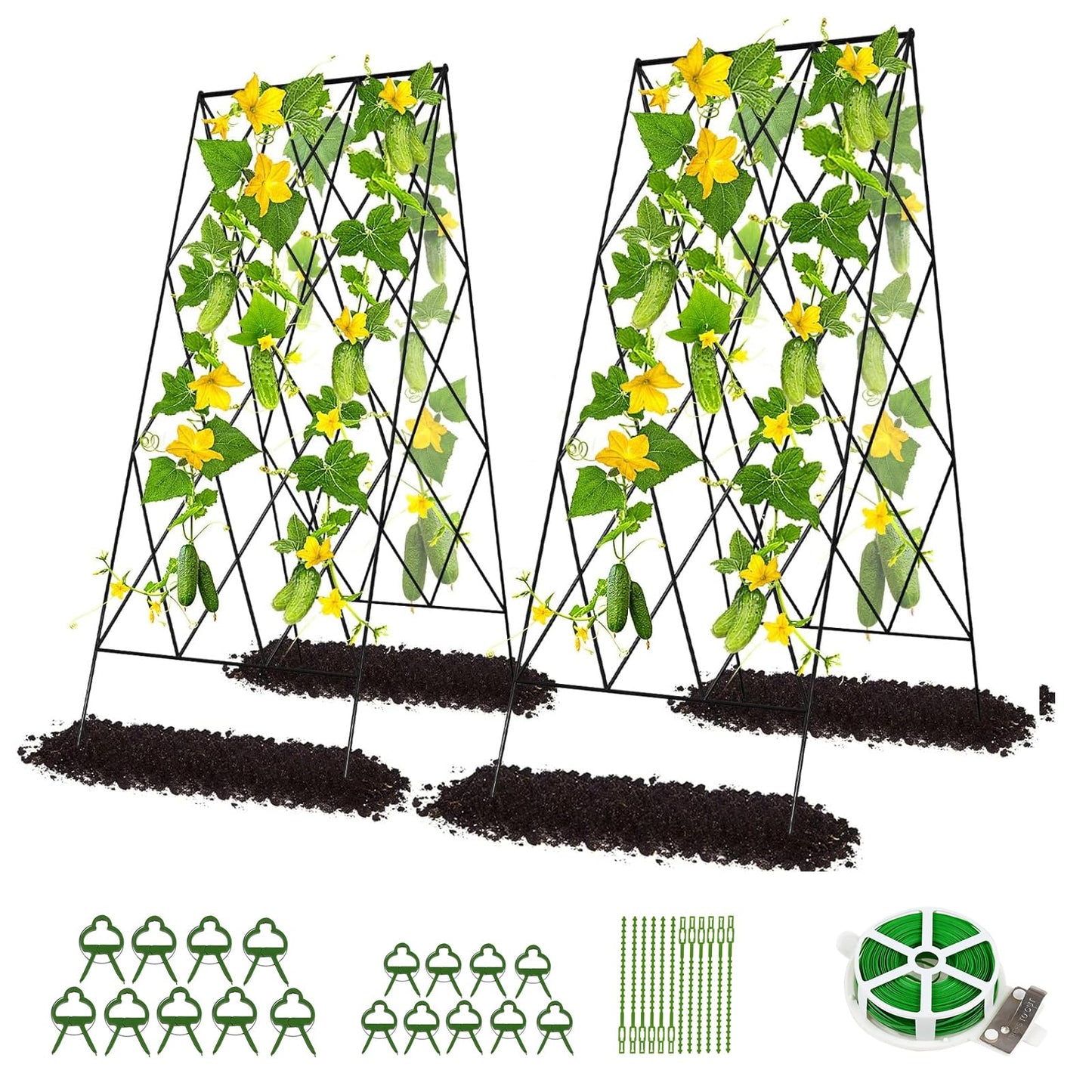 DoCred Cucumber Trellis, 2 Pack Metal Foldable A Frame Garden Trellis for Raised Bed Climbing Plants, Vegetables, Includes Plant Support Clips, Twist Ties, Plastic Ties, A Frame Trellis, Black