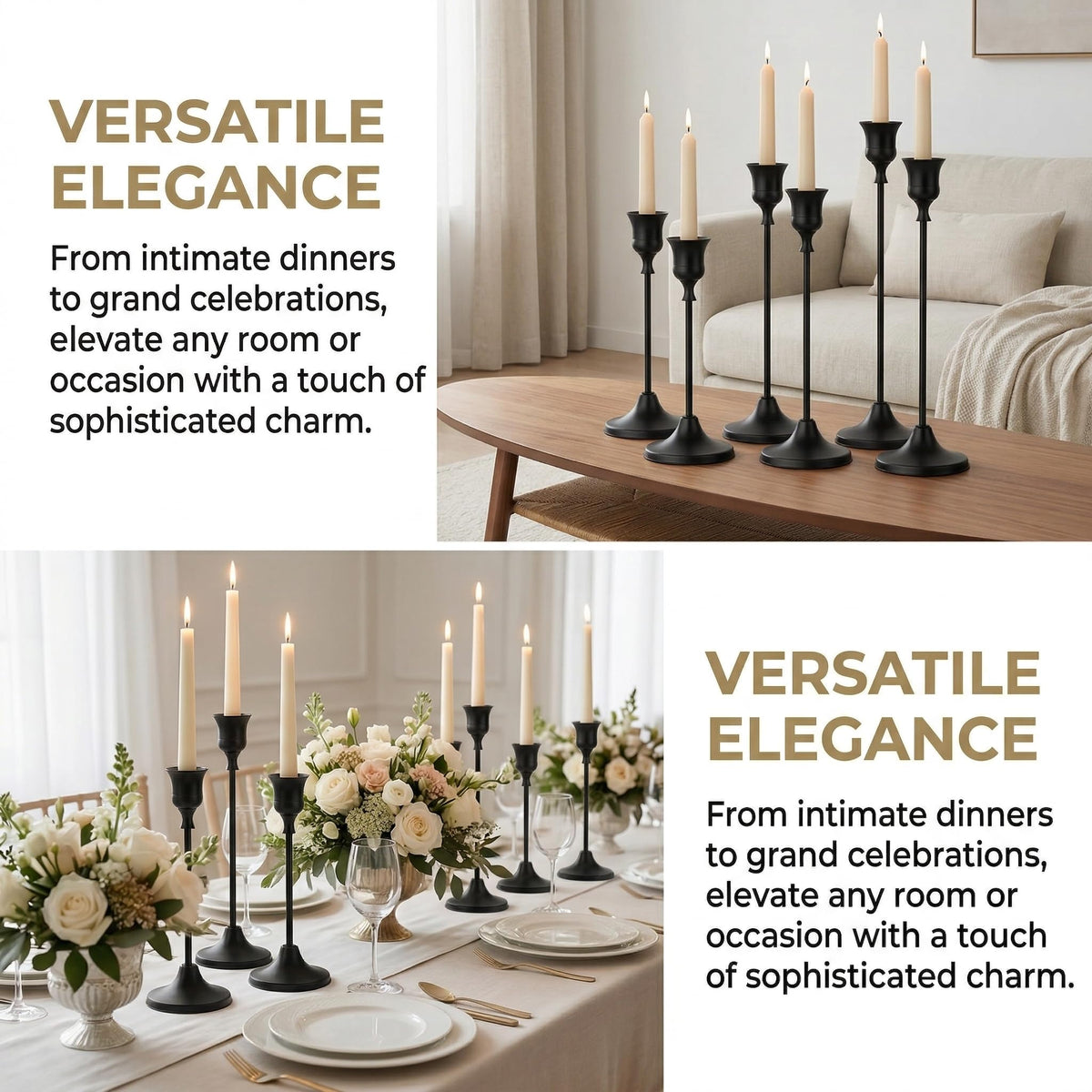 Oakernel Black Taper Candle Holders 4 Sets(12 Pcs) - Tall Metal Candlestick Holders for Table Centerpiece, Formal Dinner, Wedding, Fireplace Mantel Decor, Fits 3/4 Inch Thick Candles