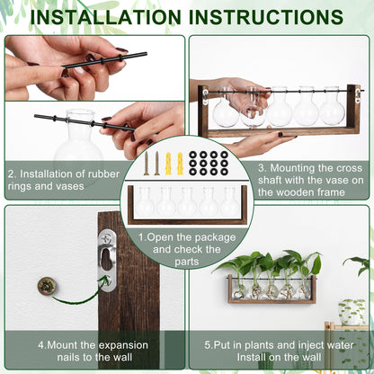 YIBOT Wall Hanging Glass Planter Plant Propagation Vase for Indoor Home Office Living Room Decor Gifts, Plant Terrarium with Wooden Stand-5 Bulb Glass Vases