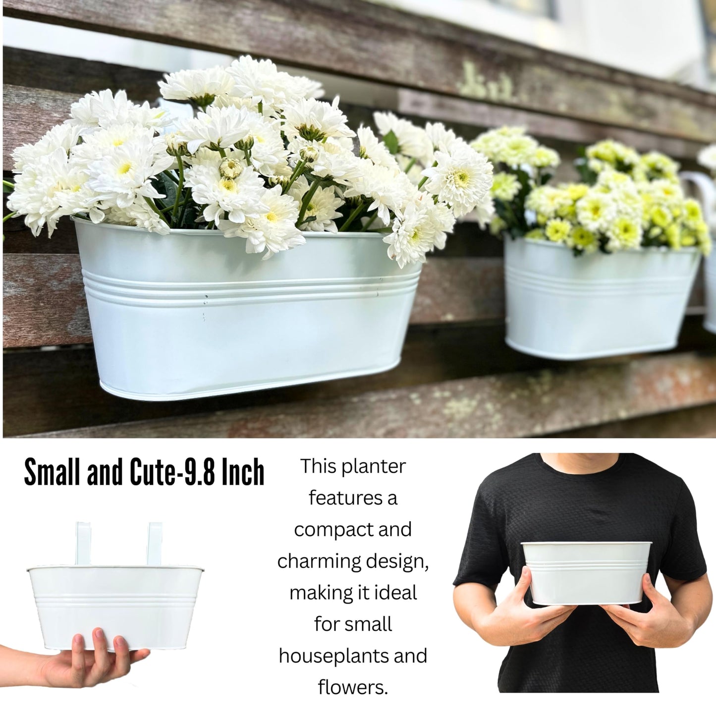 LaLaGreen Outdoor Rail Planter (6 Pack, 9.8 Inch) Small and Cute White Metal Iron Hanging Flower Pots Deck Railings Fence Buckets Countryside Style Wall Mount Window Box Plant Holder Hooks Porch Decor