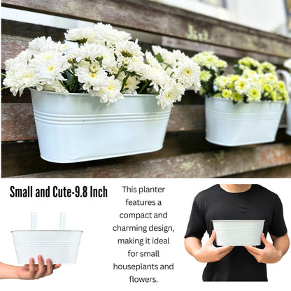 LaLaGreen Outdoor Rail Planter (6 Pack, 9.8 Inch) Small and Cute White Metal Iron Hanging Flower Pots Deck Railings Fence Buckets Countryside Style Wall Mount Window Box Plant Holder Hooks Porch Decor