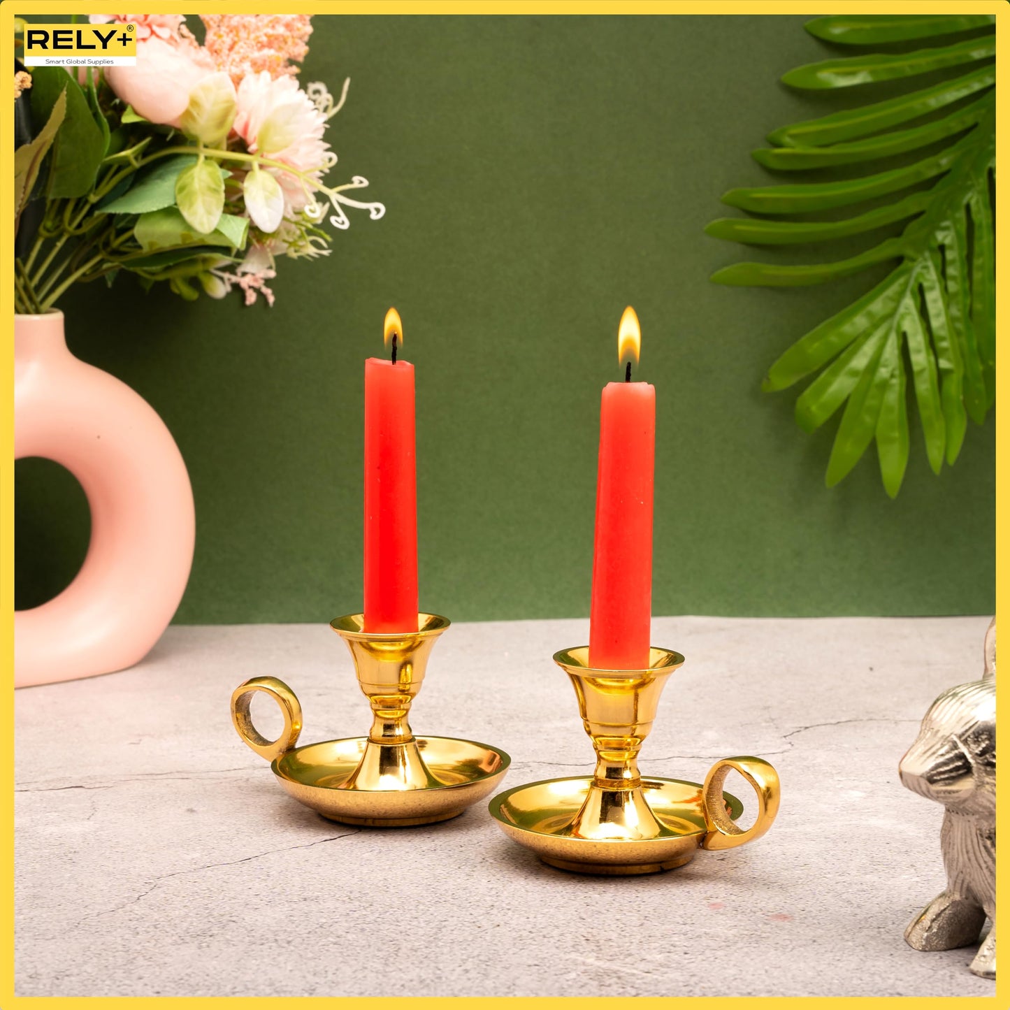 Rely+ Glossy Gold Metal Candle Holders with Handle for Taper Candlestick Set of 2 Modern Decor for Home Table Centerpiece for Wedding, Parties, Dinners, Decorations
