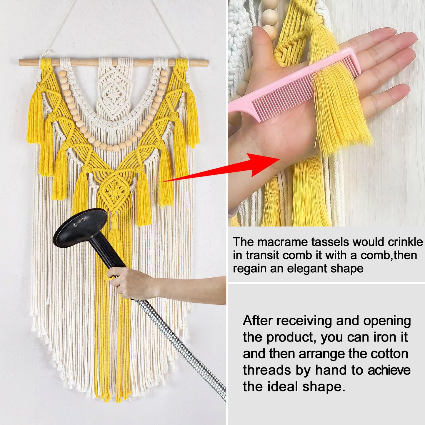 HVEST Yellow Macrame Wall Hanging Boho Wall Decor Handmade Woven Tapestry for Bedroom Living Room Dorm Nursery Bathroom Home Modern Decor Artwork, 29.9L X 15.7W inches