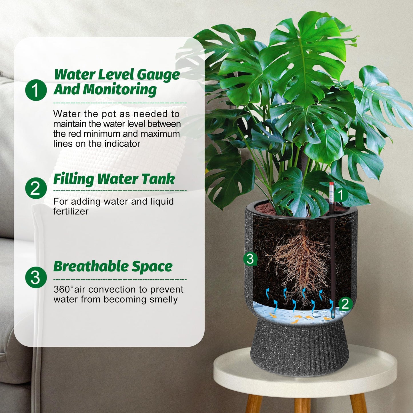 CABIHOME 14.2" Tall Planters, 2packs-Large Planter for Outdoor Plants, Flower Pots with Water Level Monitor, for Patio, Porch, Living Room, Home Office, for Outdoor & Indoor Plants, Classic Black