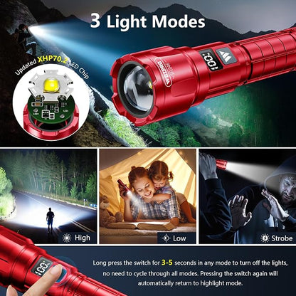 WdtPro LED Rechargeable Flashlight 2 Pack, 3 Modes Super Bright High Lumens Flashlights, Zoomable Tactical Flash Light with LCD Display, IP65 Waterproof Flashlights for Home Emergency Camping - Red