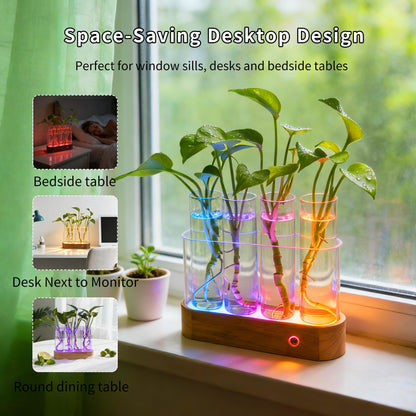 Plant Propagation Station with RGB Lights, Wooden Stand, 4 Glass Test Tubes for Hydroponic Plants, 9 Lighting Modes, Unique Gift for Plant Lovers