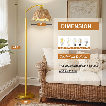 Oneach Arc Floor Lamp for Living Room,Rattan Boho Floor Lamp with Hand-Woven Shade, Foot Switch,Gold Metal Base & Pole,Farmhouse Standing Lamp for Bedroom Corner,Reading
