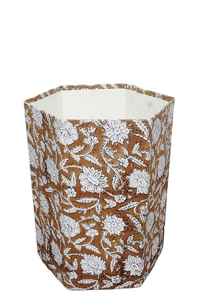 3.3 Gallon Cotton Hand Block Printed Paper Waste Basket |Small Decorative Trash Can for Housewarming Gifts in Living Room, Bedroom, Bathroom | Eco-Friendly, Plastic-Free (1, Brown White FLOWAR)