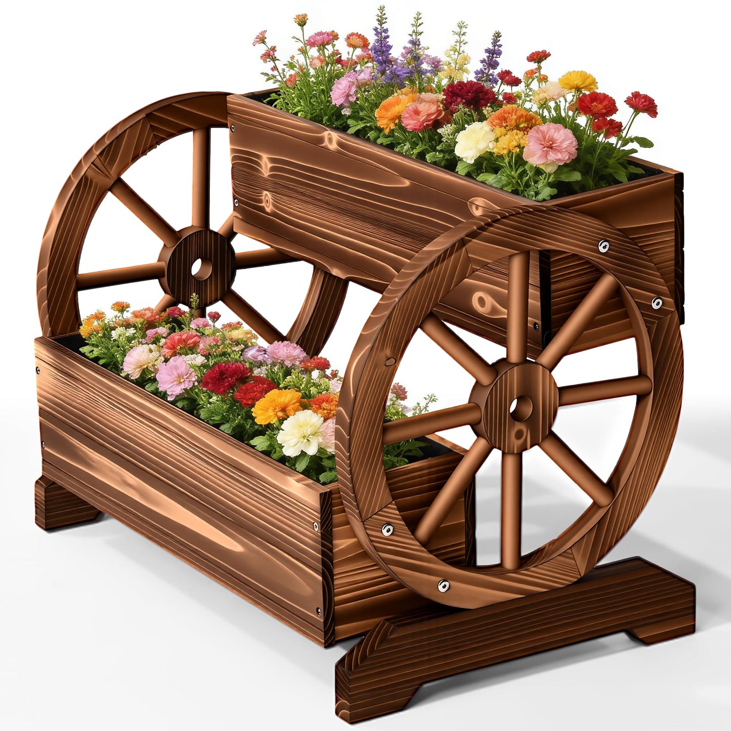 Ultym Wooden Wagon Planter Box, Extra Large 2-Tier Decorative Flower Cart with Wheels, Rustic Wood Planter with Drainage Holes & Non-Woven Liner, Raised Garden Bed for Flowers Herbs Vegetables