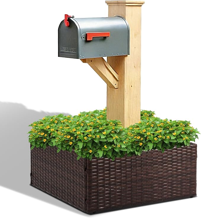 SUNNYPARK Mailbox Post Wrap Planter Box 24x24x12inch | Handmade All-Weather PE Rattan, Easy Assembly, Fits for 4x4 6x6 Posts, Flower Planter Box Decorative for Mailbox Post Outside