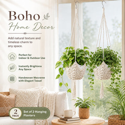 LAGWIUY 40 Inch Macrame Plant Hanger 2 Pack, White Hanging Planters with S-Shaped Hooks for Indoor Outdoor Plants, Home Decor