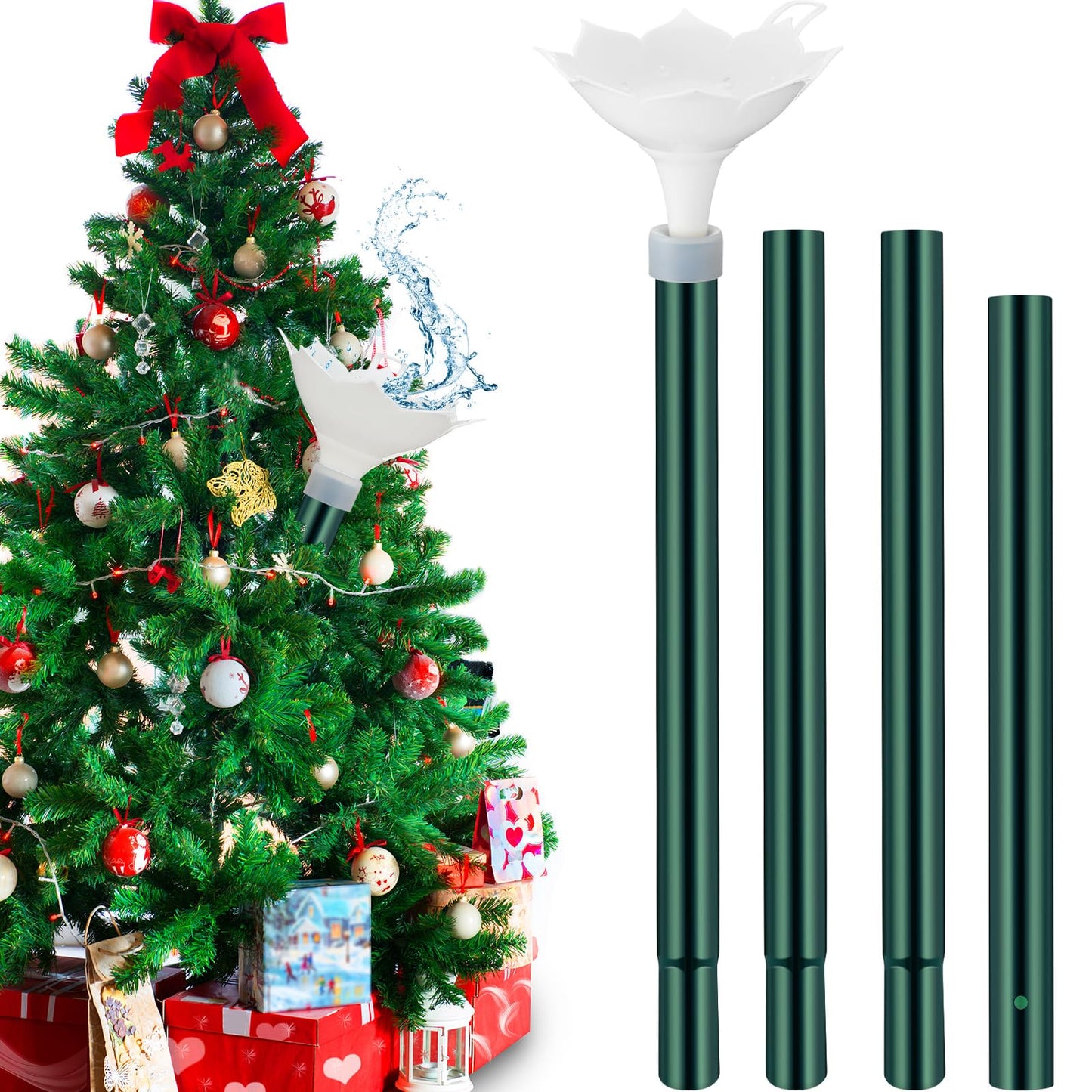 Tioncy Christmas Tree Watering System with Poinsettia Wide Opening Design Stainless Steel Christmas Tree Watering Funnel with Long Funnel Spout for Indoor and Outdoor Trees(White)