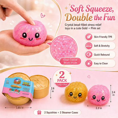 Glitter Dumpling Squishy with Mystery Box, Water Squishy Bead Texture, Colorful Stress Balls Fidget Sensory Toy, Steamer Box, Squeeze Toys for Adults, Gold Glitter, Crystal Clear Look (Gold+Pink)