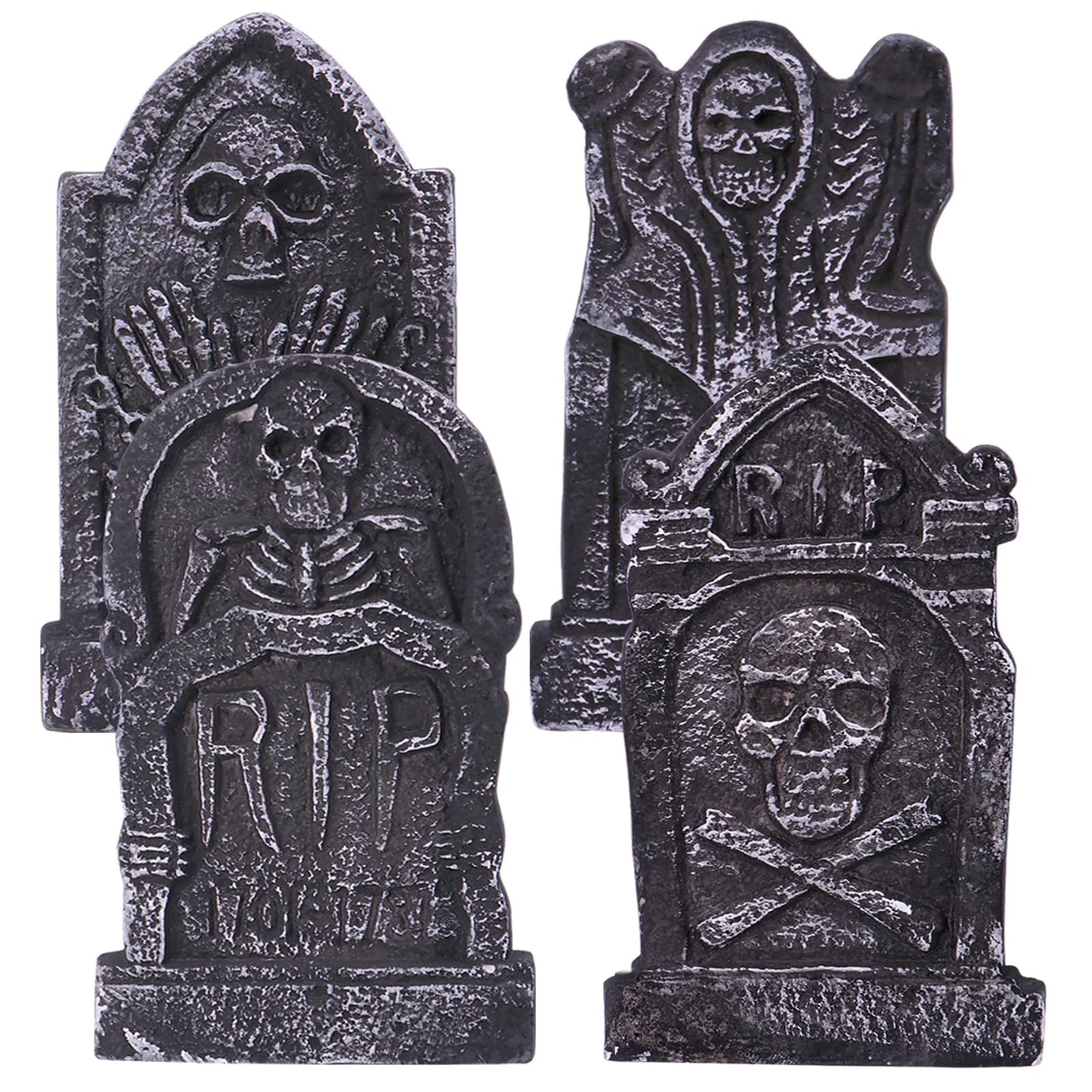 Sizonjoy Halloween Decorations, Foam RIP Graveyard Tombstones, 4 Pack Graveyard Headstone Decorations with 8 Bonus Stakes for Lawn Outside Decor (17In)