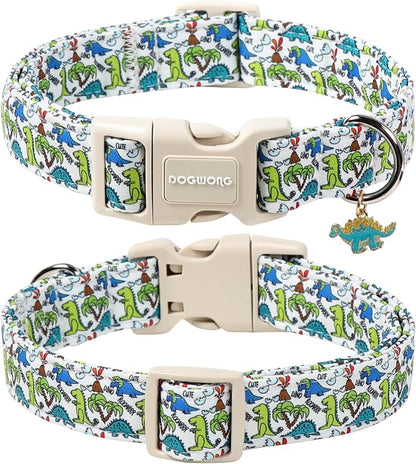 DOGWONG Dinosaur Dog Collar-Cute Green Dinosaur Dog Collar for Small Dogs, Adjustable Comfortable Cotton Boy Dog Collars for Small Medium Large Dogs,M