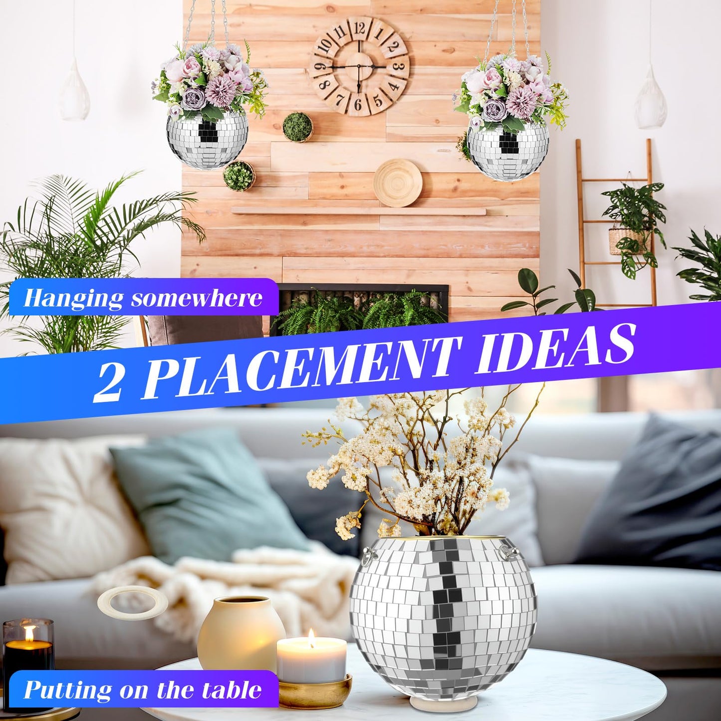 Romooa 4 Pcs 6/8 Disco Ball Planter Hanging Disco Ball Plant Hanger with Chain Hook and Ring Stand, Mirror Flower Pot for Indoor and Outdoor Plants 70s 80s Party Room Decorations, Sliver