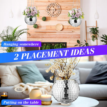 Romooa 4 Pcs 6/8 Disco Ball Planter Hanging Disco Ball Plant Hanger with Chain Hook and Ring Stand, Mirror Flower Pot for Indoor and Outdoor Plants 70s 80s Party Room Decorations, Sliver