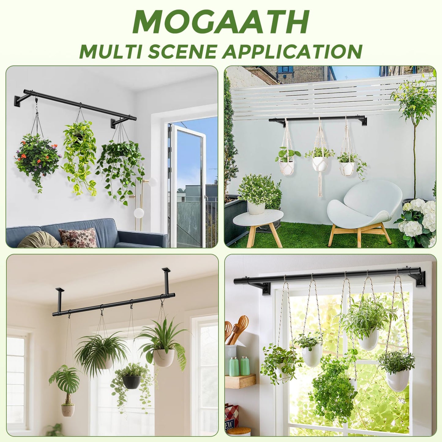 Mogaath Hanging Planters for Indoor Plants, 64 Inch Heavy Duty Plant Hanger Indoor, 1 Inch Diameter Metal Rod, Hanging Plant Holder for Window Wall, Matte Black, Square Flange Base, Pot Not Included