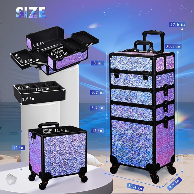 Stagiant Rolling Makeup Case Cosmetology Case on Wheels 4 in 1 Makeup Travel Case Extra Large Cosmetic Box with Key Make Up Artist Traveling Storage Nail Case Salon Barber Cart Trunk Shiny Purple