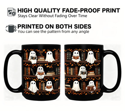 BORULEEY Halloween Cute Ghost Reading Coffee Mug, 15 oz Black Ceramic Tea Cup, Spooky Book Mug for Book Lovers & Readers, Novelty Fun Festive Bookish Gift for Women, Friends & Coworkers