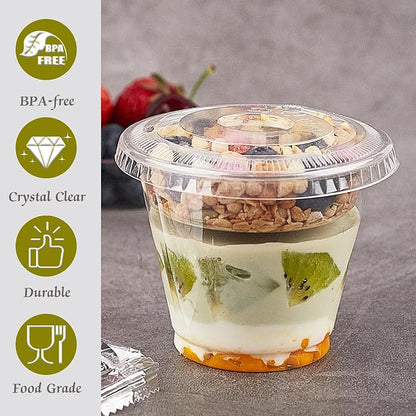 Zezzxu 50 Pack 9 oz Disposable Parfait Cups with Lids No Hole, Toppings Compartment and Spork, Yogurt Conatiner with Granola Holder for Take Away Breakfast and Snacks, No Leaking