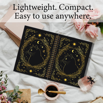 KTYHD Gothic Witchy Tarot Cat Notebook Journal 5.5x8.3in,Gothic Gold and Black Cat Journal for Writing,Goth Witch Animal Hardcover Spiral Notebooks