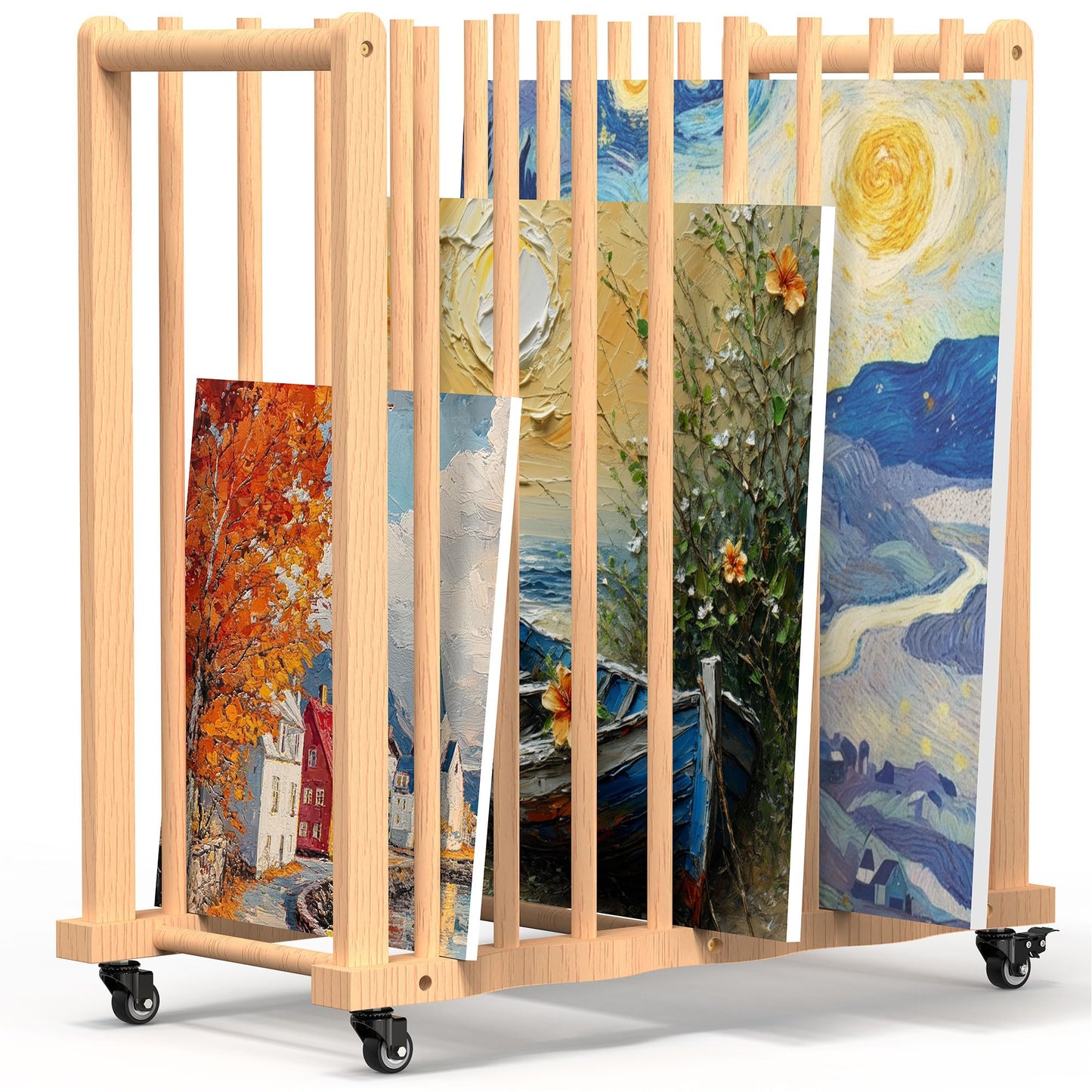 GARVIN Art Storage Rack with Wheels & Handle- Beech Wood Canvas Organizer & Artwork Storage Organizer for Drawing Board, Panel, Paper Pad for Art Studios, Artworks, Gallery, Classroom
