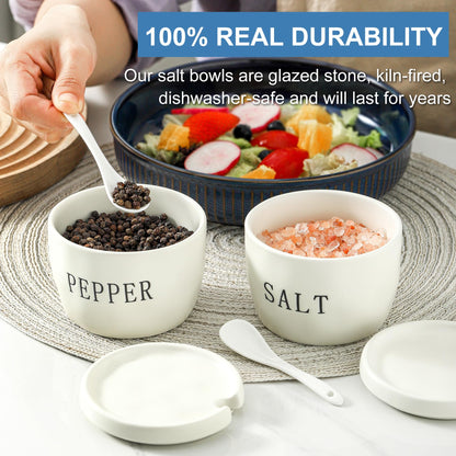 Howise 2 Pack Salt and Pepper Bowls Set, Ceramic Salt and Pepper Containers with Lid and Spoon, White Salt Pepper Holder Set, Salt Box Dish with Lid Easy to clean