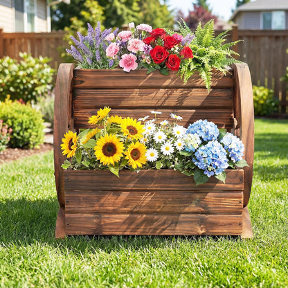 Giantex Wooden Wagon Planter Box, Garden Planter with Drainage Holes & Wheels for Flowers Herbs Vegetables, Indoor Outdoor Decorative Flower Cart for Patio Garden Balcony (1)
