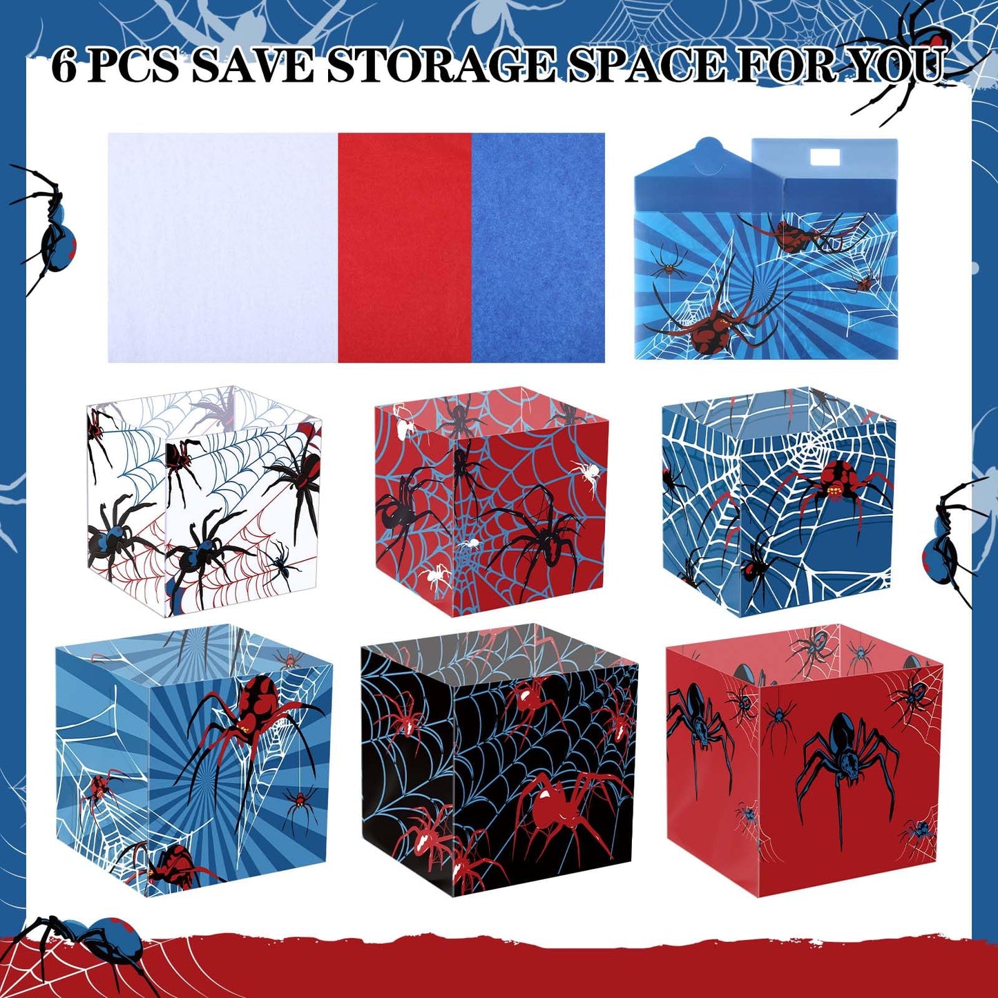 Spiareal 6 Set Spider Birthday Party Decoration Favor PVC Spider Snack Popcorn Bucket Centerpiece for Table Candy Cookie Treat Container with Red White Blue Snow Pear Paper for Birthday Party Supplies