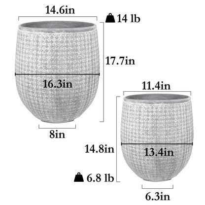 Worth 12" and 14.5" Round Planters, Lightweight Magnesium Oxide Cement Plant Pot, Raised Pattern Concrete Look with Drainage Hole, Grey