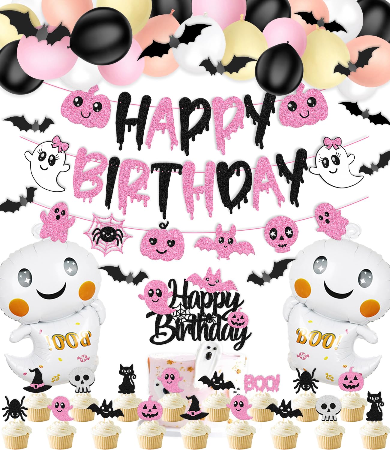 67 Pcs Halloween Birthday Decorations Pink Black Birthday Banner Cake Topper Cupcake decoration Bat Wall Stickers Halloween Theme Balloons Happy Bday Party Supplies