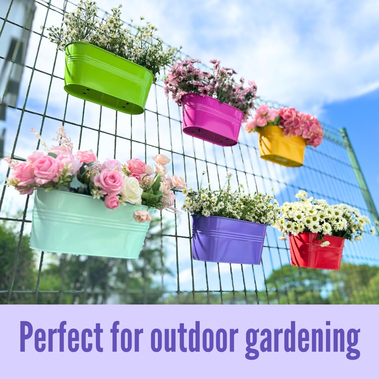 LaLaGreen Outdoor Hanging Planter (11.2 Inch, 6 Pack) Light Blue, Neon Pink, Dark Purple, Yellow, Red Metal Iron Window Box Flower Pot Deck Railings Fence Buckets Modern Boho Style Home Garden Decor