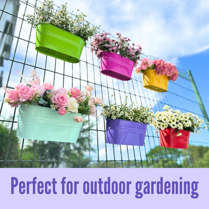 LaLaGreen Outdoor Hanging Planter (11.2 Inch, 6 Pack) Light Blue, Neon Pink, Dark Purple, Yellow, Red Metal Iron Window Box Flower Pot Deck Railings Fence Buckets Modern Boho Style Home Garden Decor
