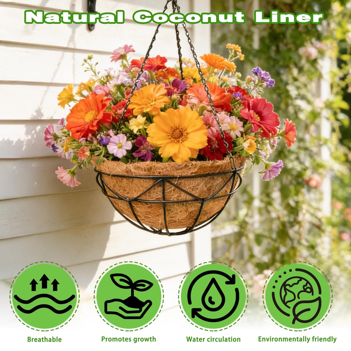 ZVOWOS 2 Pack 12 Inch Black Metal Hanging Basket Hanging Planter with Coco Coir Liner Heavy Duty Hanging Flower Pot Holder for Indoor Outdoor Patio Garden Porch Balcony Decor (Geometric)