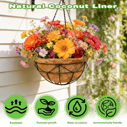 ZVOWOS 2 Pack 12 Inch Black Metal Hanging Basket Hanging Planter with Coco Coir Liner Heavy Duty Hanging Flower Pot Holder for Indoor Outdoor Patio Garden Porch Balcony Decor (Geometric)