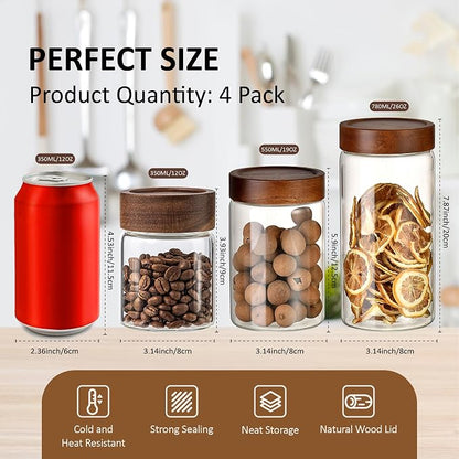 18 oz/550 ml Clear Glass Storage Canister with Airtight Wooden Lid, Small Overnight Oats Containers, Cute Decorative Salad Jar for Snacks Yogurt Spice Sugar Cereal Fruit Coffee Tea -4 Pack