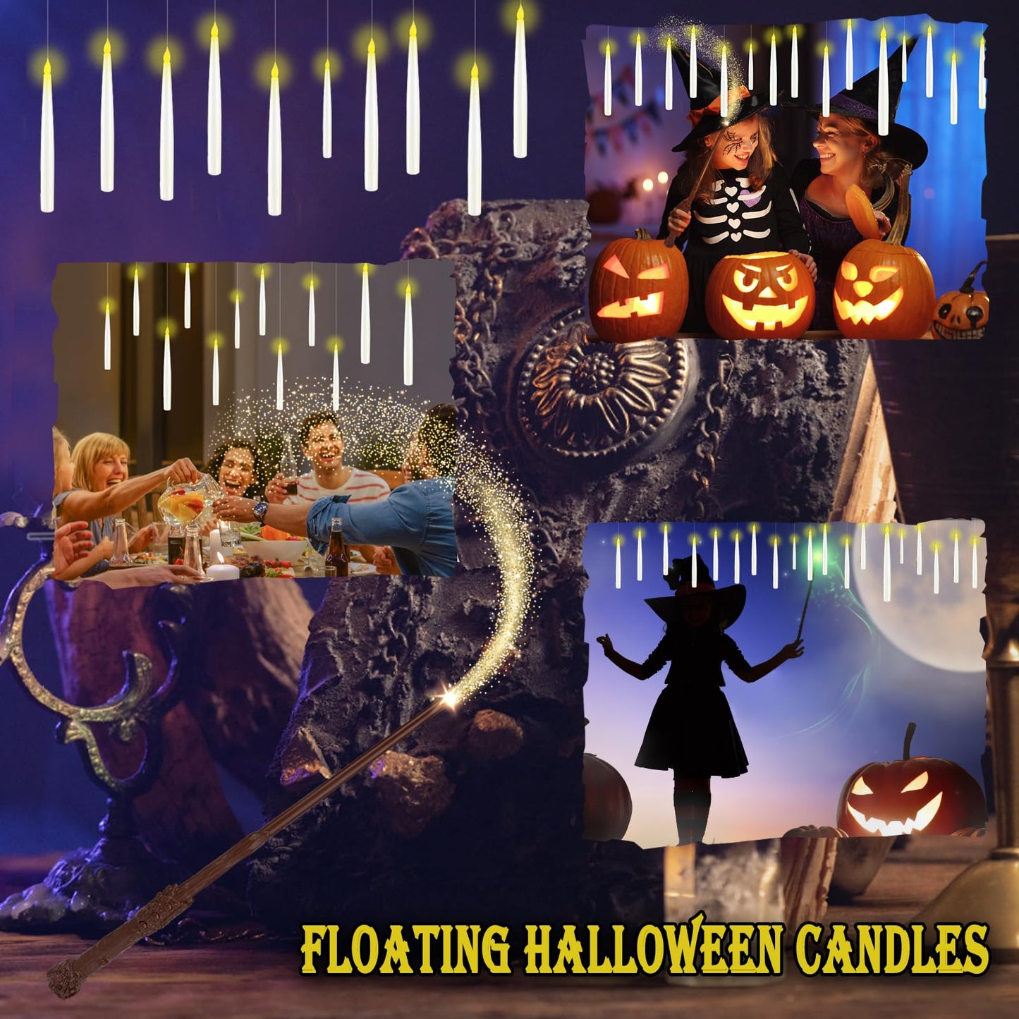 GTYZZH Christmas Decorations, 24PCS Floating Candles with Wand, Hanging Candles with Remote Wand, Warmwhite Flickering Flameless Magic Floating Candle Lights for Halloween Christmas Party