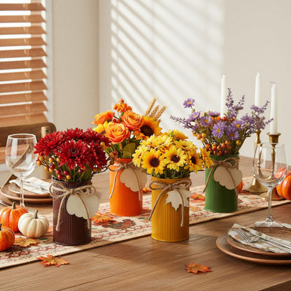 Acellegic 8 Pack Thanksgiving Table Centerpieces Fall Galvanized Metal Vases Decorations Farmhouse Flower Buckets Mason Jar Utensil Holder with Wooden Cutouts & Twine Bow for Holiday Table Decor
